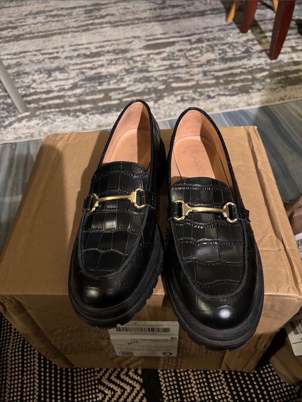 Madewell Black Croc-Embossed Loafers with Gold Bit